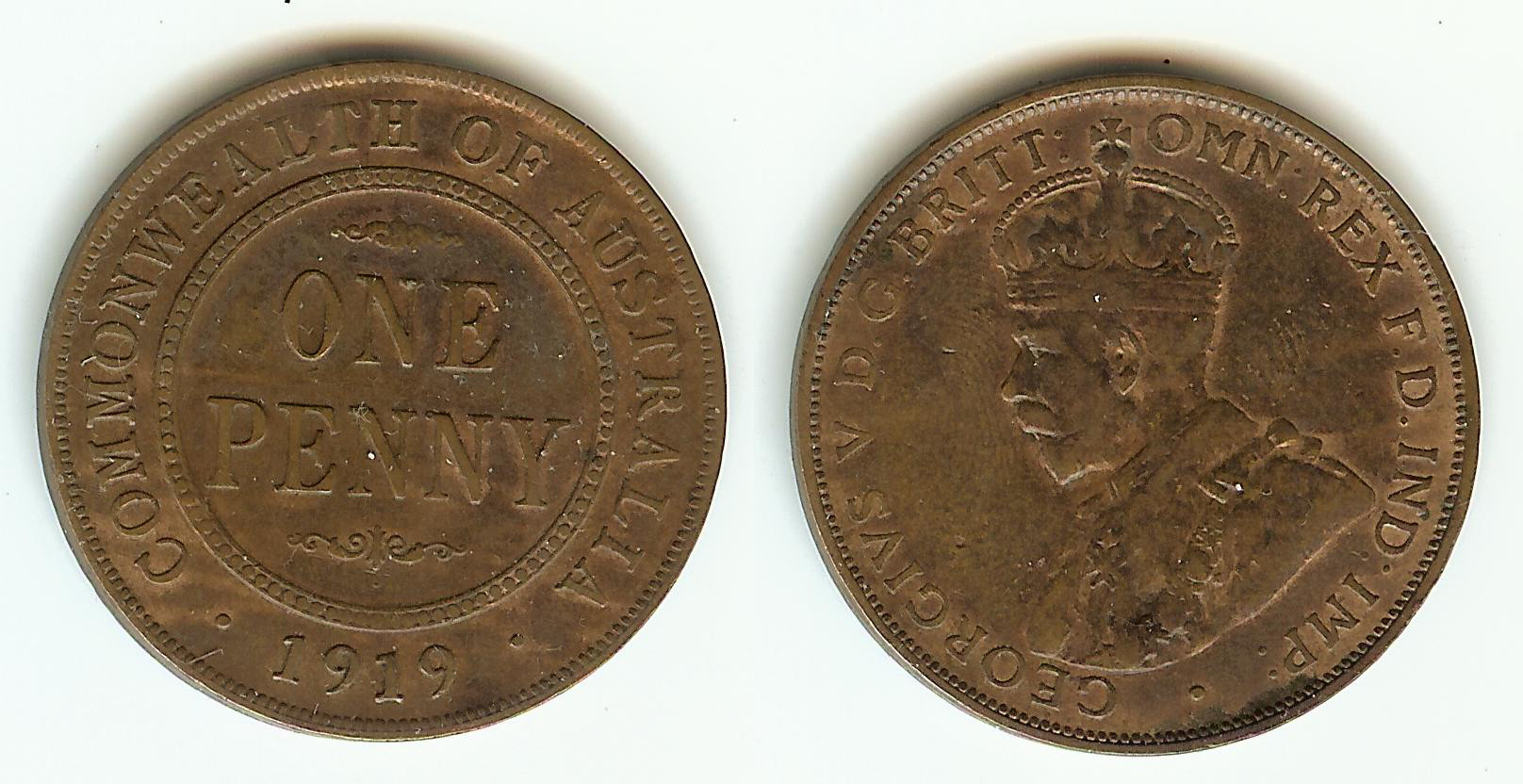 Australian Penny 1919 dot below VF/gVF